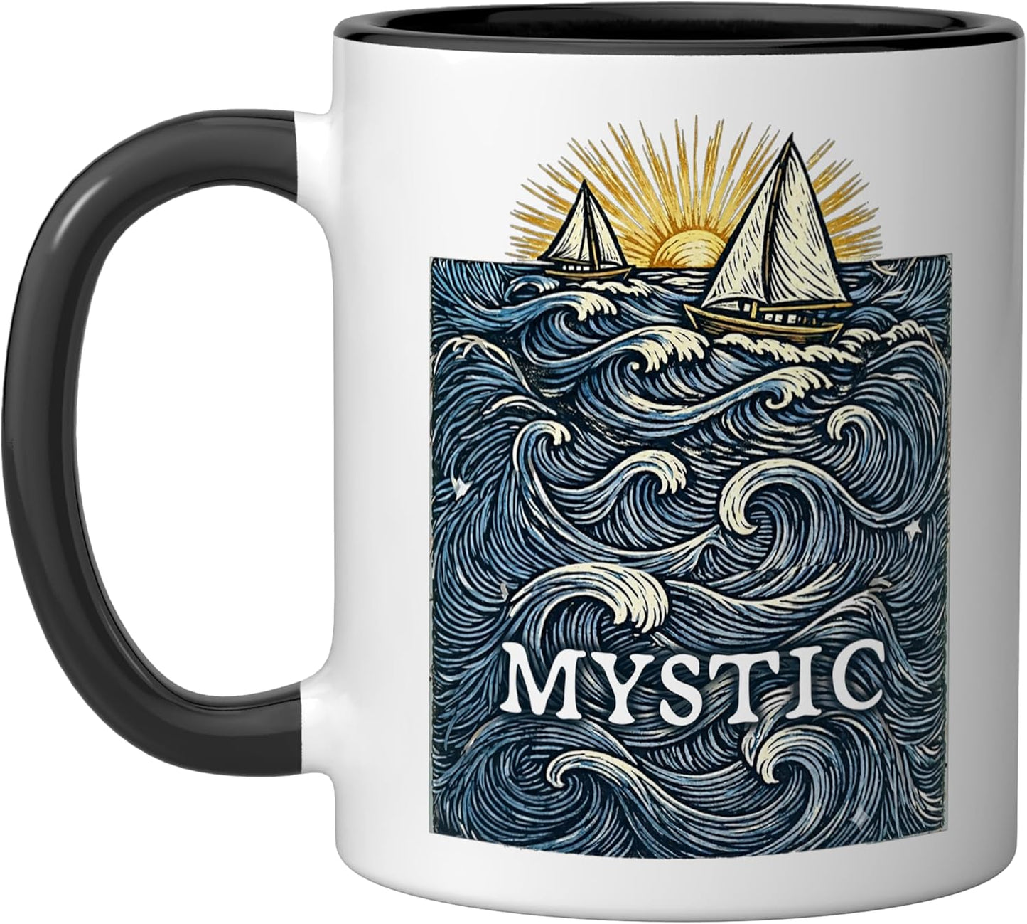 Taza Cerámica Barco Velero Sol Ola Negro Blanco