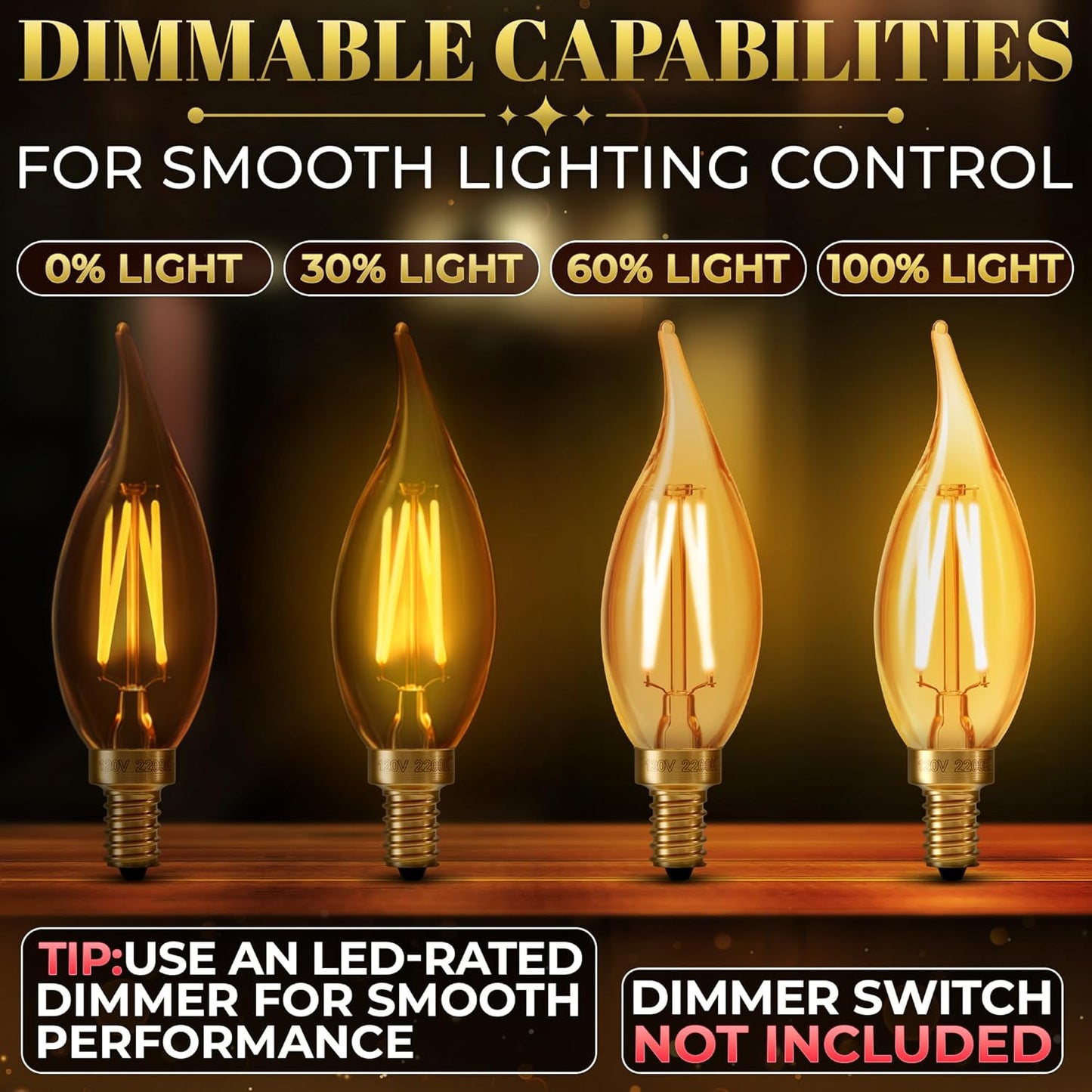 Bombilla LED E12 ámbar regulable 4W 2200K brillo vintage