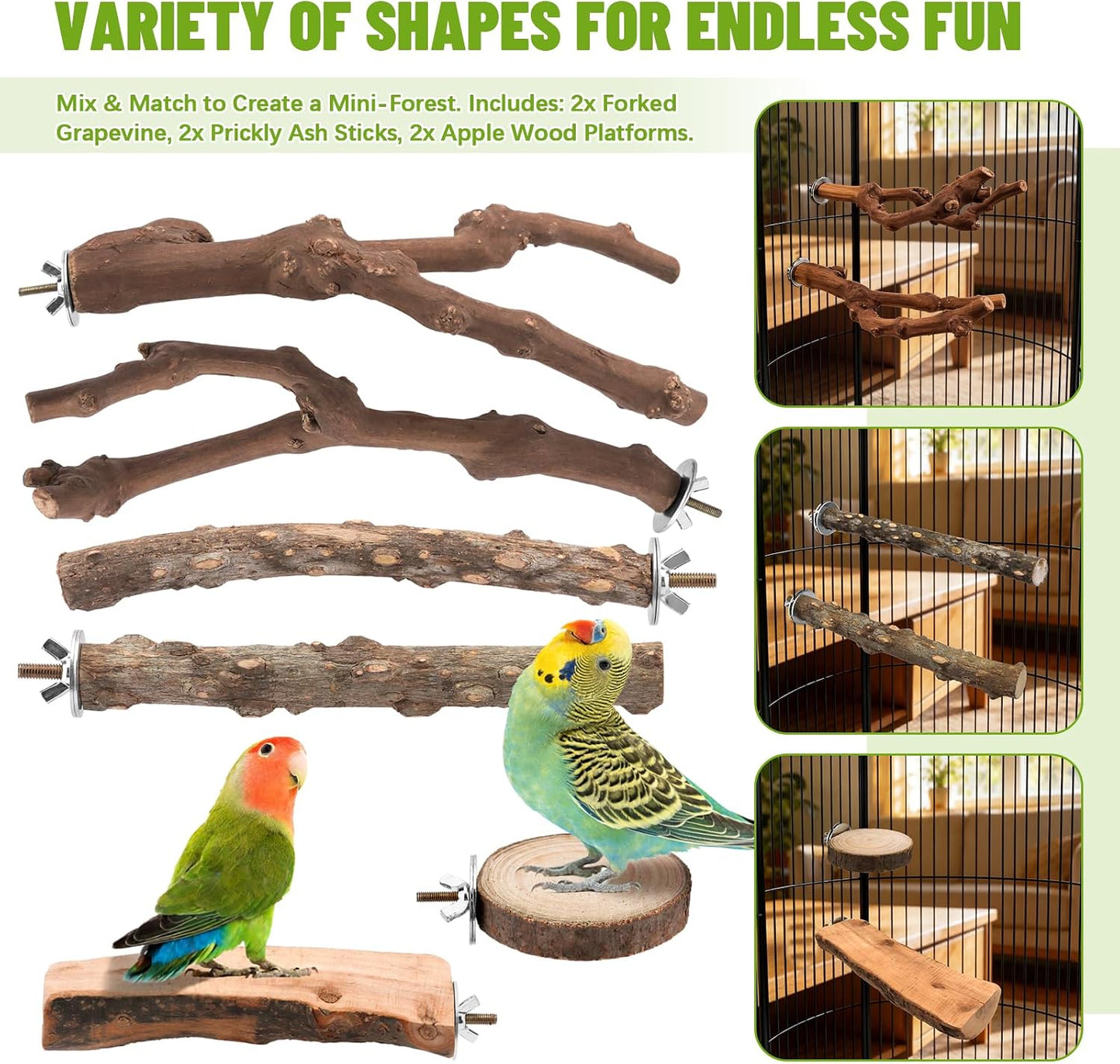6 Pzas Perchas Madera Natural para Pájaros con Ramas y Plataformas