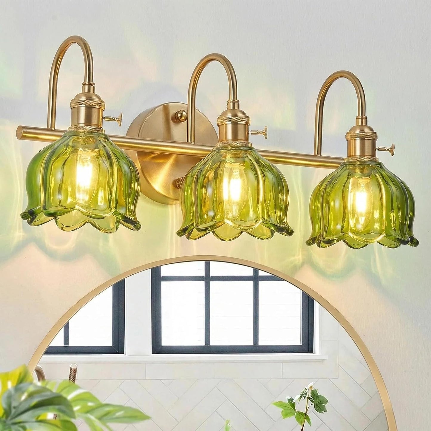 Lámpara baño vintage 3 luces 19.4pulg pantalla tulipán verde