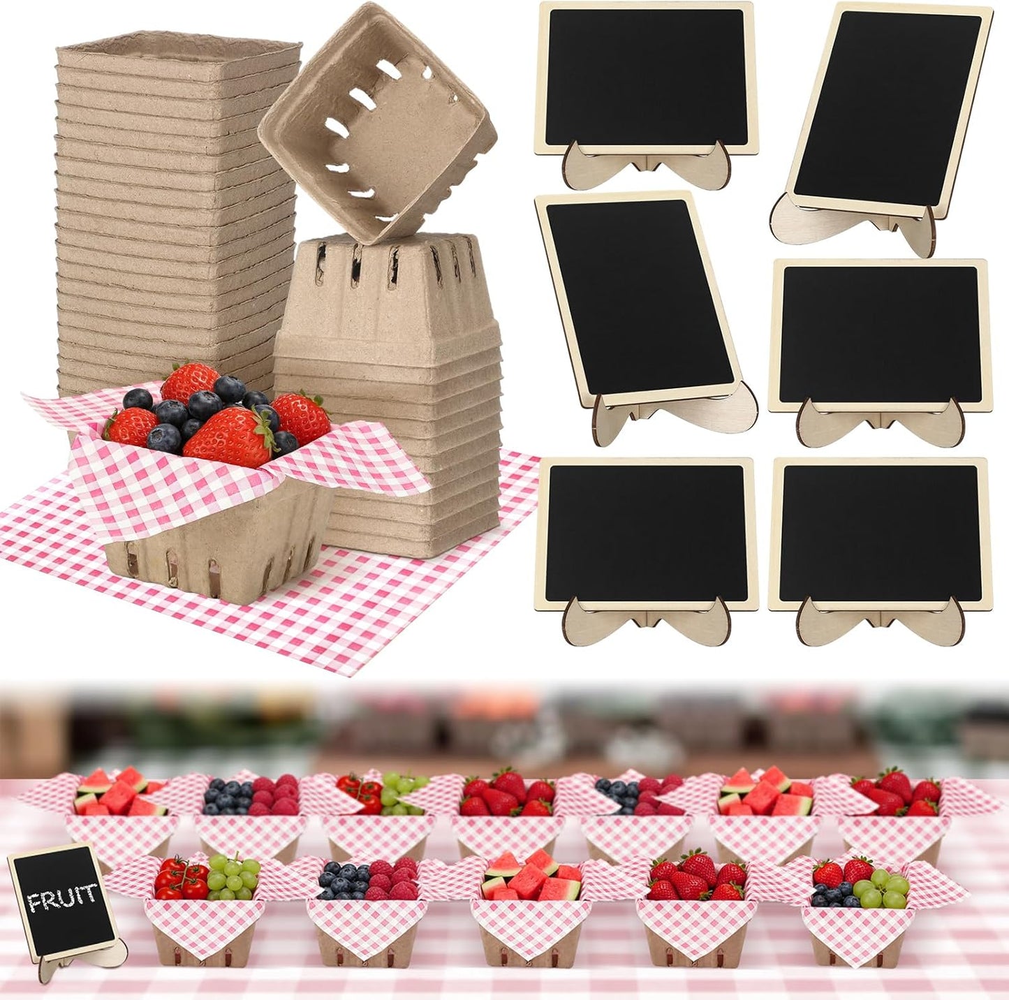 Juego de 24 cestas de fibra bayas Farmer Market Favors con hoja papel delicatessen
