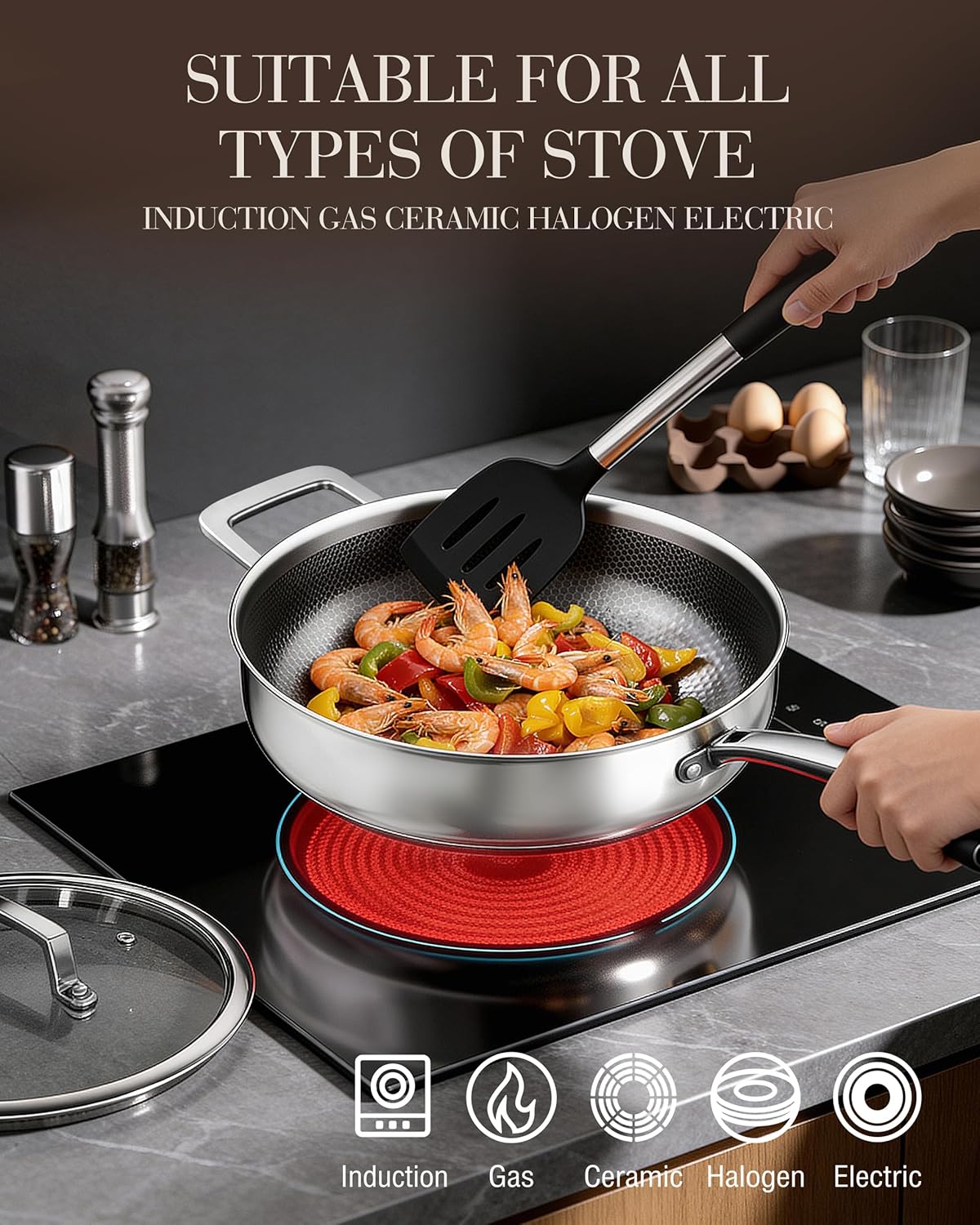 Sartén antiadherente titanio acero inox 10pulg set utensilios