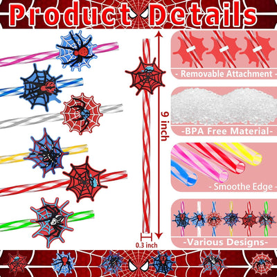 24 pajitas reutilizables de tela de araña para fiestas de cumpleaños y Halloween