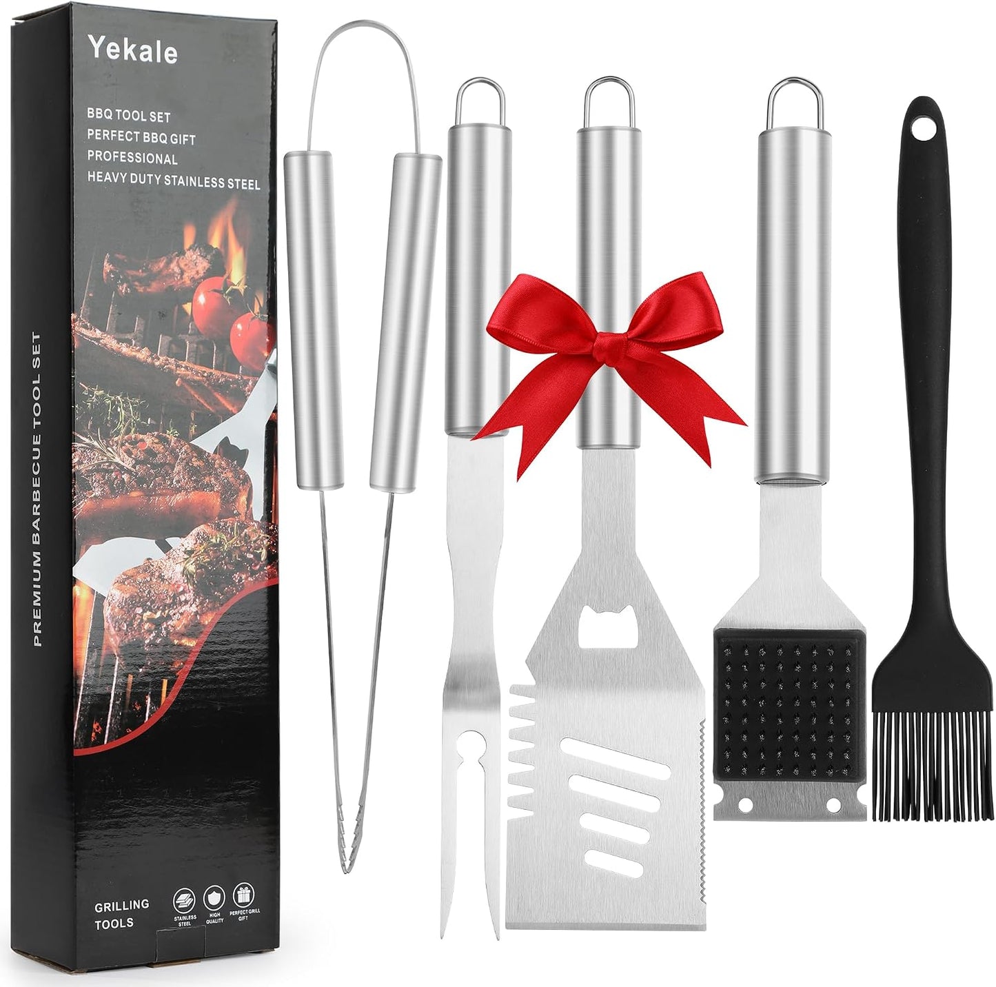 Juego accesorios parrilla espátula tenedor cepillo pinzas