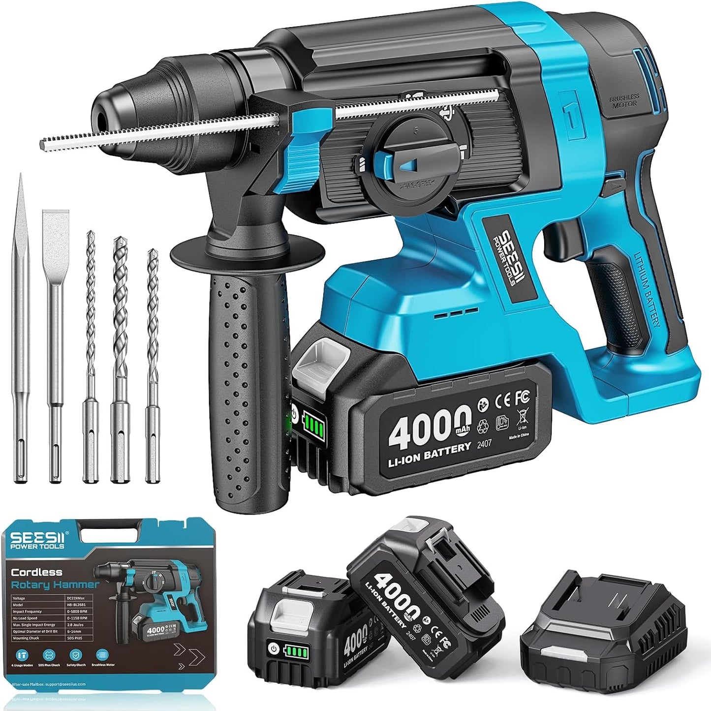 Taladro martillo inalámbrico SDS-Plus 2.8J 4 modos 2 baterías 4Ah