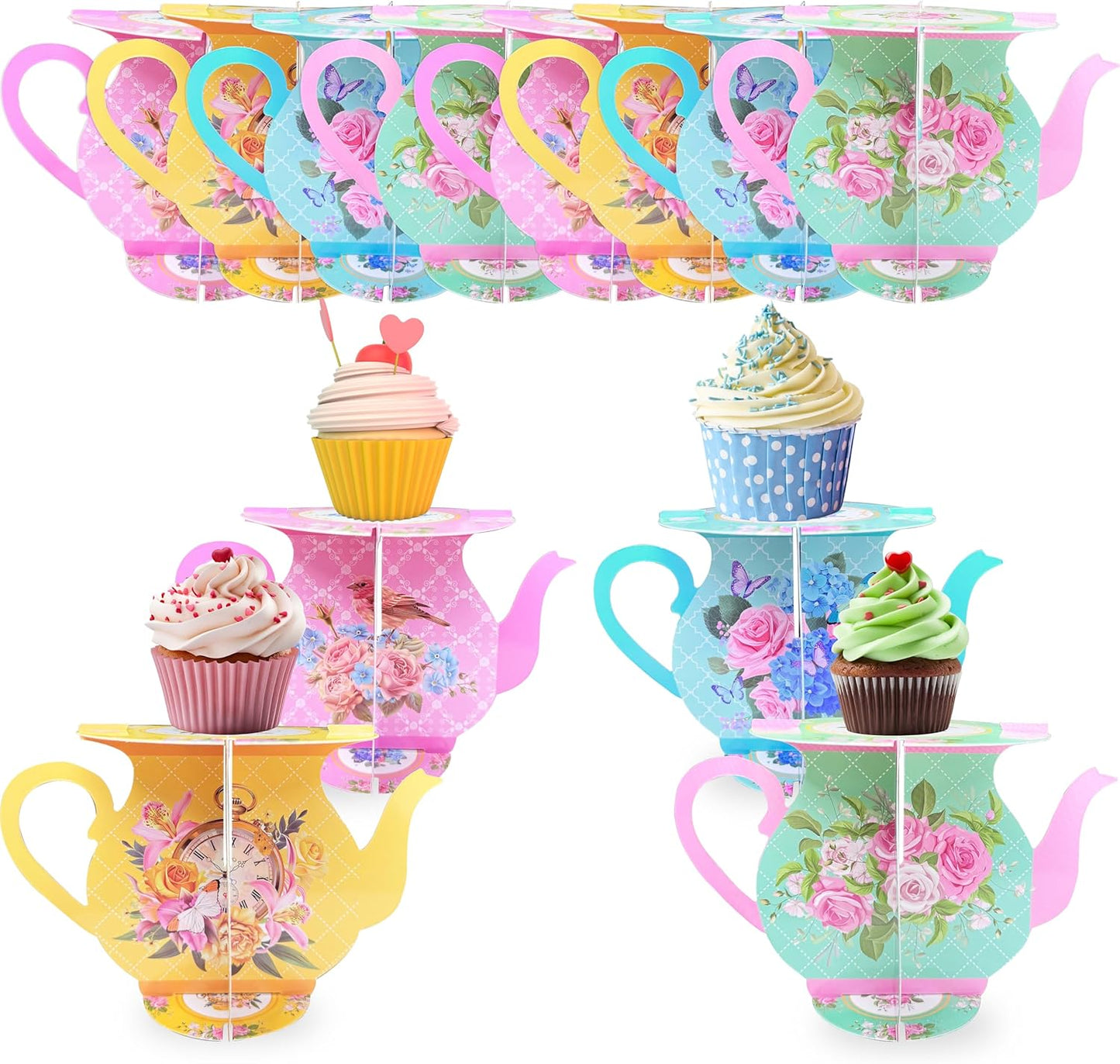 Set 12 Soportes Cupcakes Tetera Diseño Floral Bodas Cumpleaños
