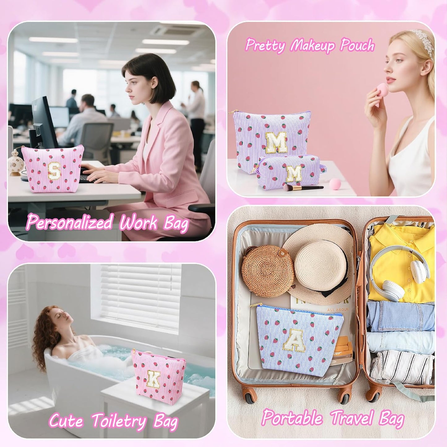 Bolsa maquillaje con estampado fresa para viaje y regalo