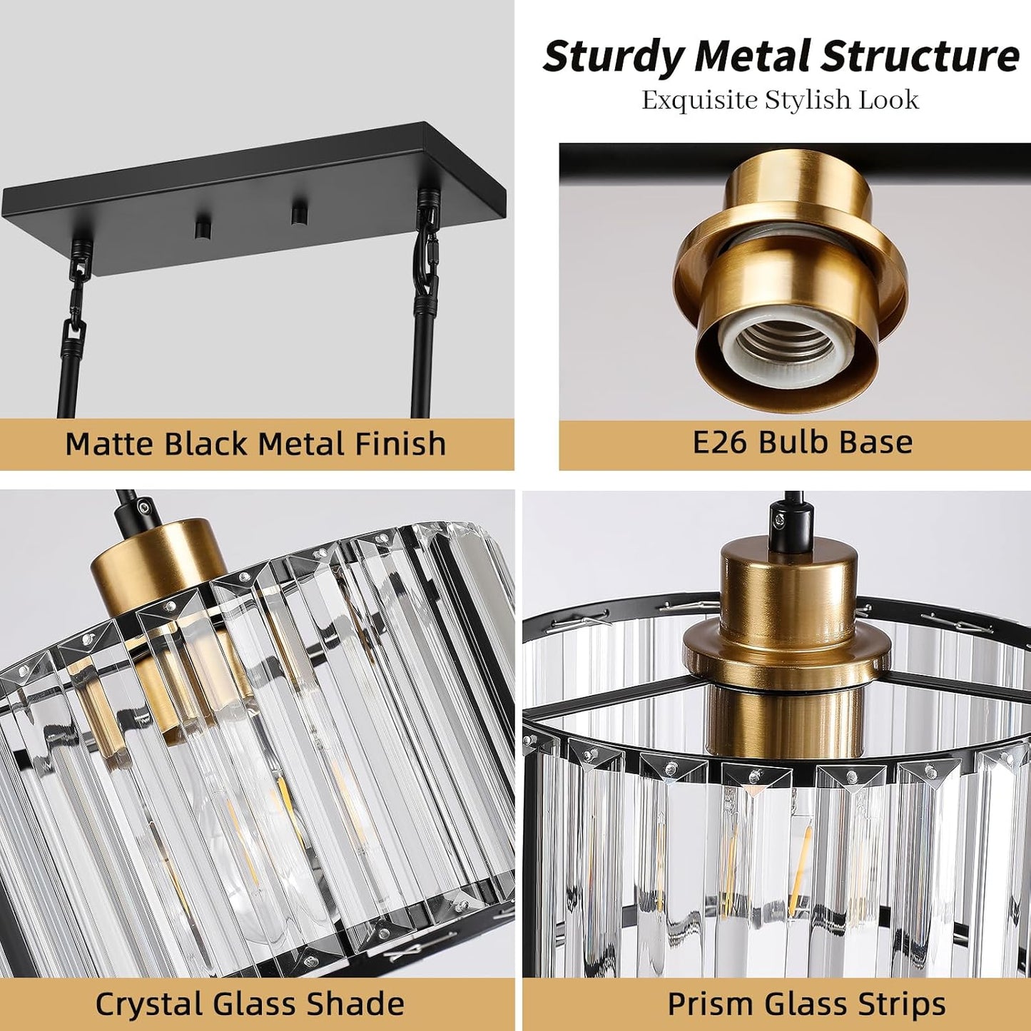 Lámpara colgante isla cocina 3 luces cristal negro dorado ajustable