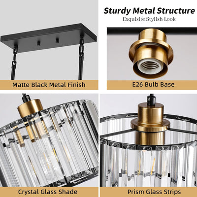 Lámpara colgante isla cocina 3 luces cristal negro dorado ajustable
