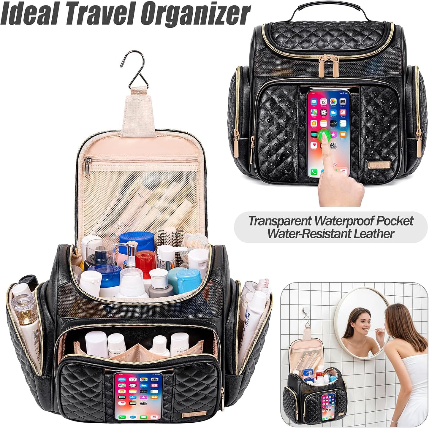 Neceser cuero resistente agua baño viaje bolsillo transparente