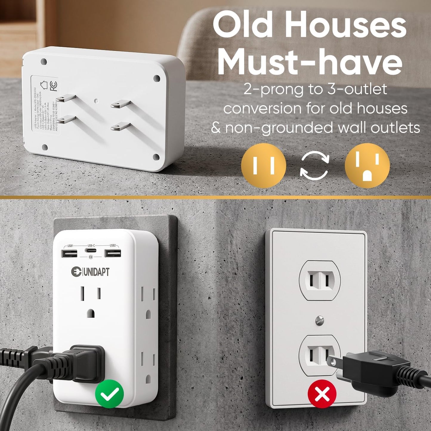 Adaptador salida 2-3 clavijas con USB-C y USB 1875W