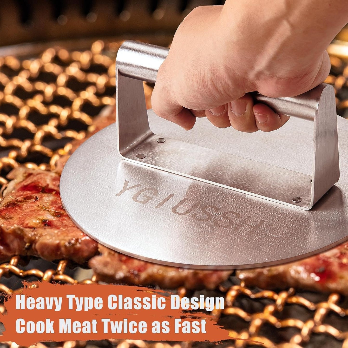 Prensa tocino acero inox 8.7pulg antiadherente con mango