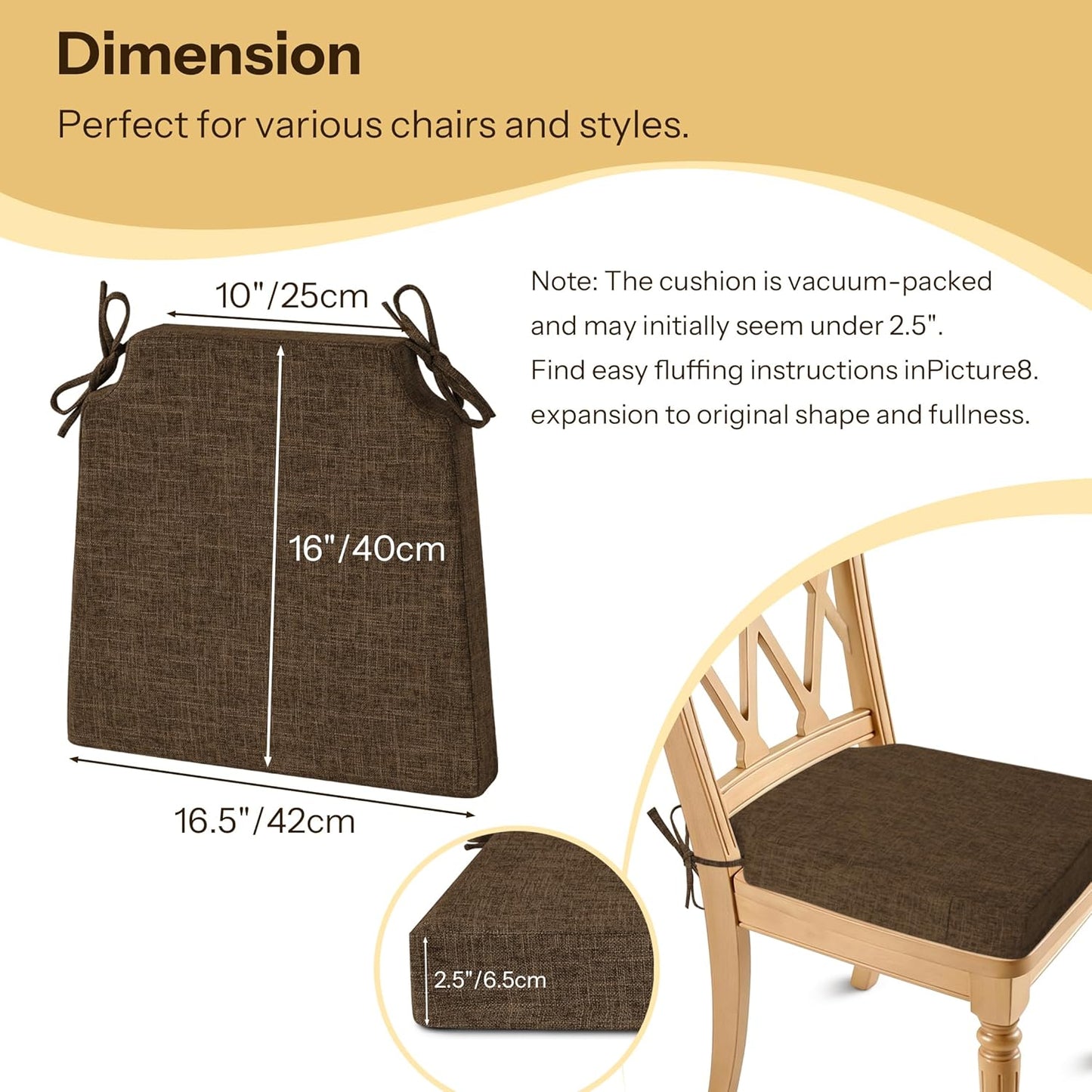 Juego de 4 cojines para silla comedor 2.5" con lazos antideslizantes y funda lavable