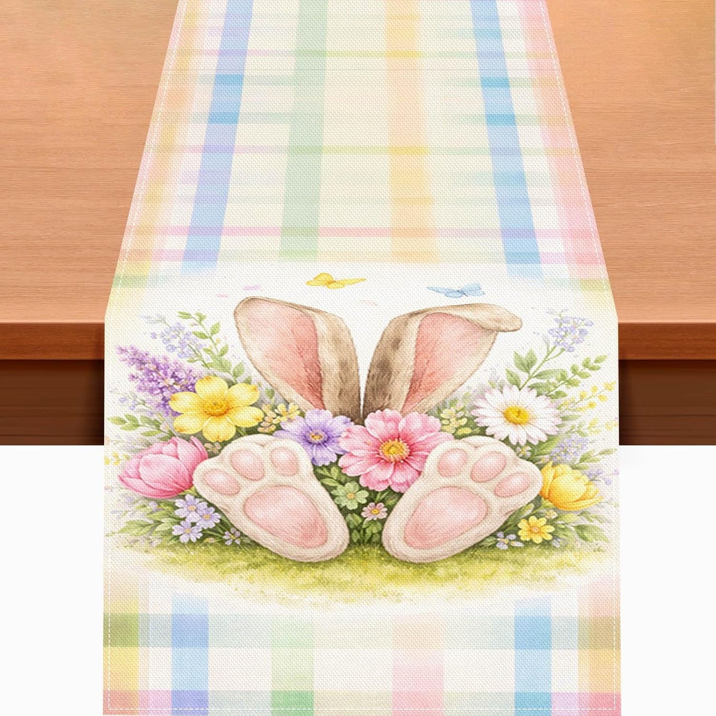 Camino de mesa de Pascua 13 x 72 pulgadas con orejas de conejo y corona floral