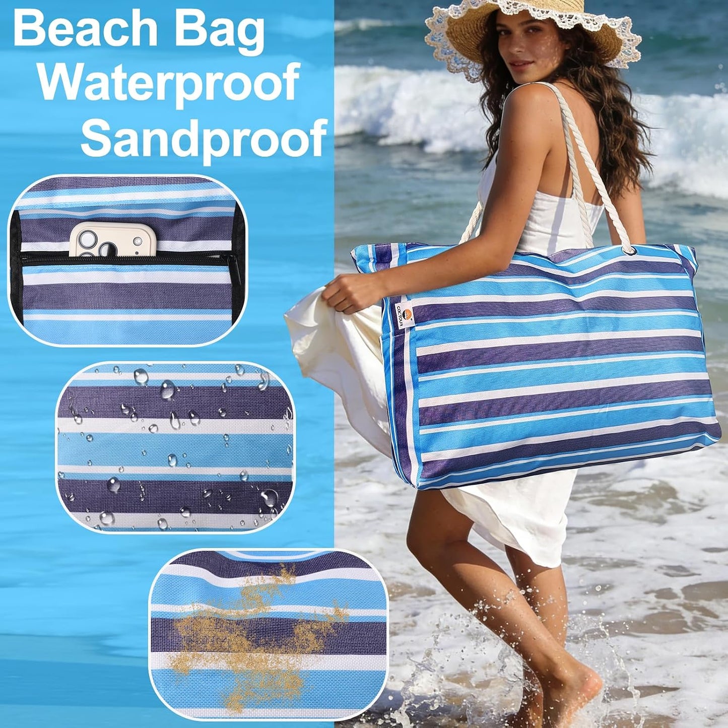 Bolsa playa grande impermeable con bolsillo cremallera para familia