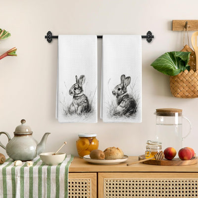 Toallas de cocina vintage de conejo blanco y negro, juego decorativo retro