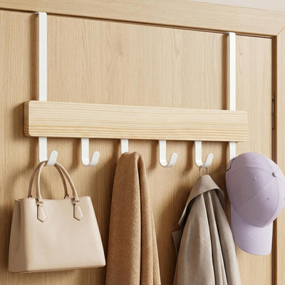 Perchero puerta con 6 ganchos madera y metal blanco
