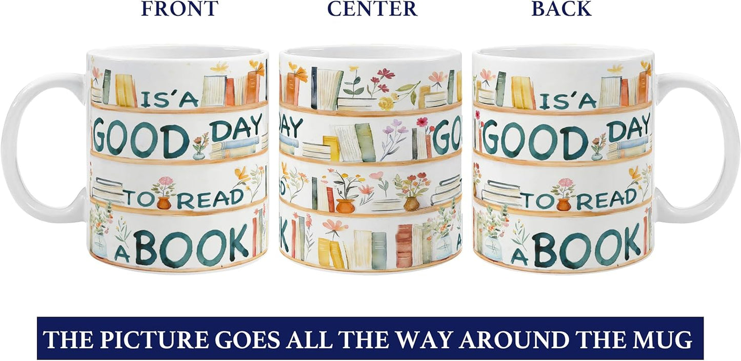 Taza con texto "It's a Good Day to Read a Book" para amantes de los libros