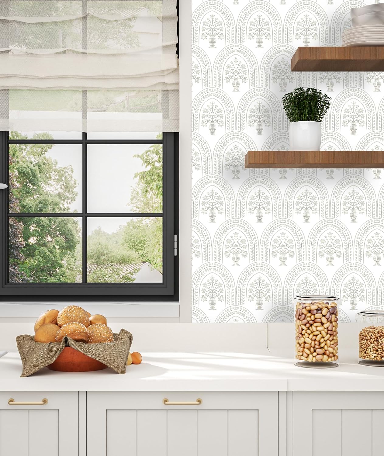 Papel tapiz floral blanco autoadhesivo 17.5x118pulg