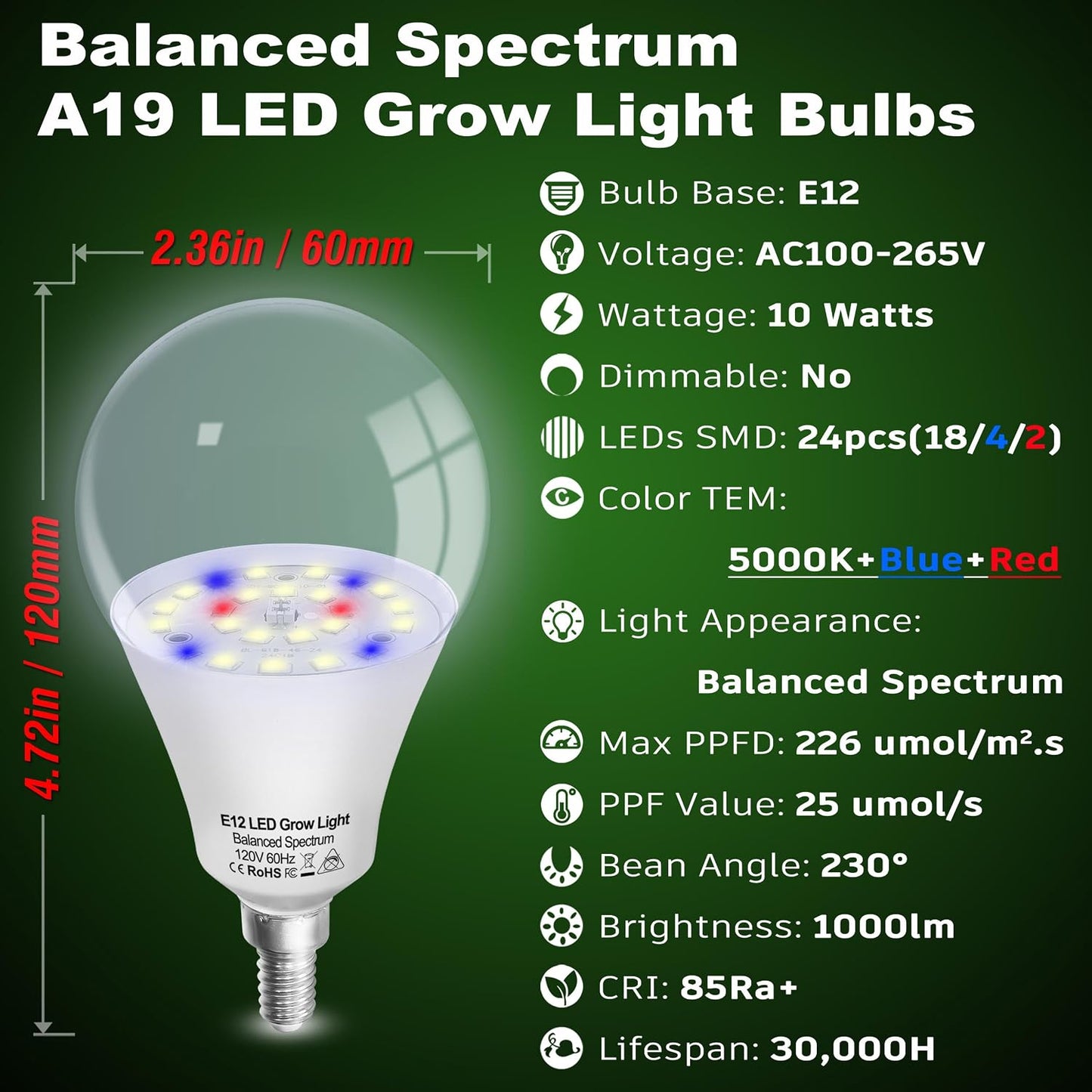Bombilla LED E12 espectro completo para plantas 5000K rojo azul