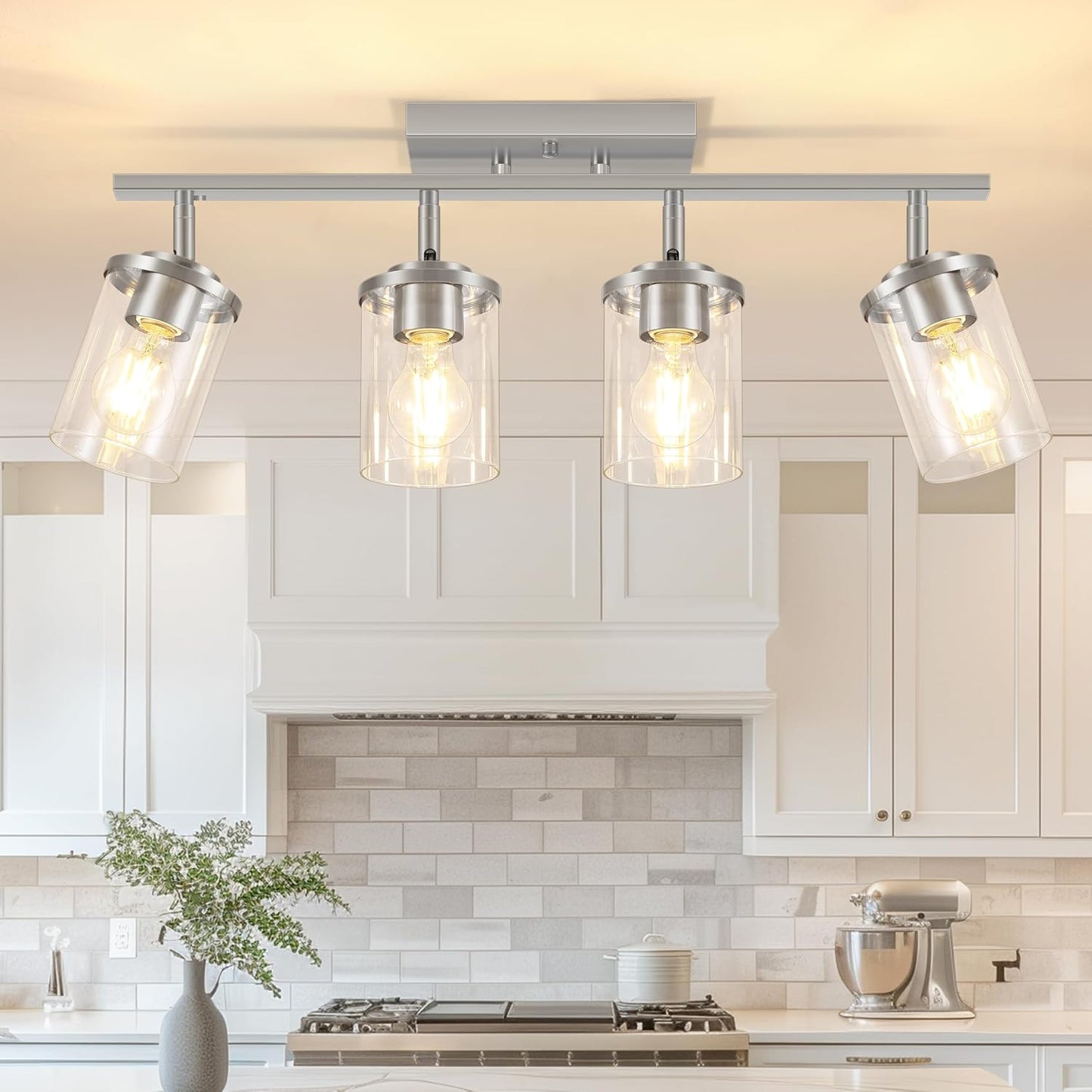 Lámpara techo cocina níquel cepillado 4 luces negra vidrio