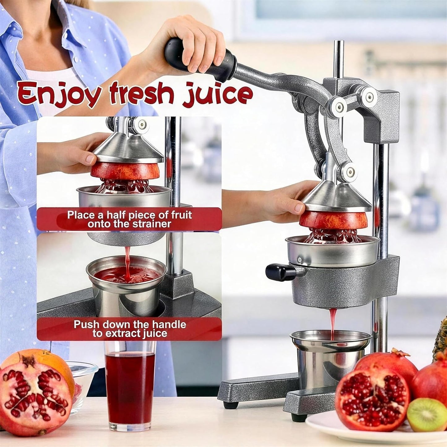 Exprimidor manual de hierro fundido con vaso y colador