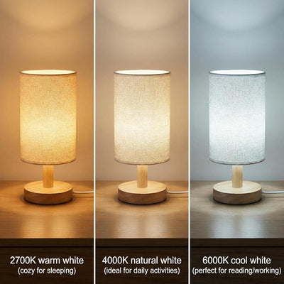 Lámpara táctil mesita noche 3 temperaturas USB madera lino