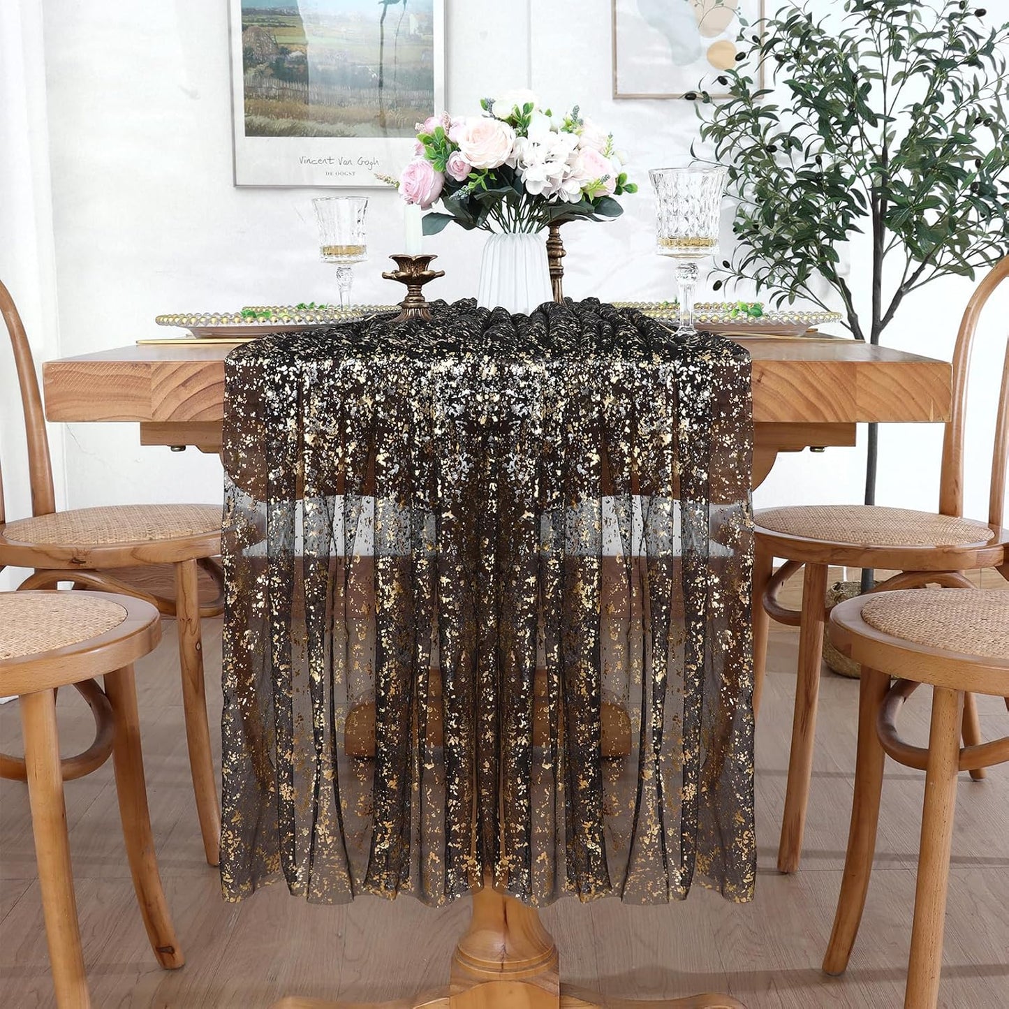 Mantel rectangular de gasa negro y dorado con lentejuelas 60 x 84 pulgadas