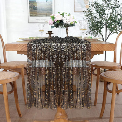 Mantel rectangular de gasa negro y dorado con lentejuelas 60 x 84 pulgadas