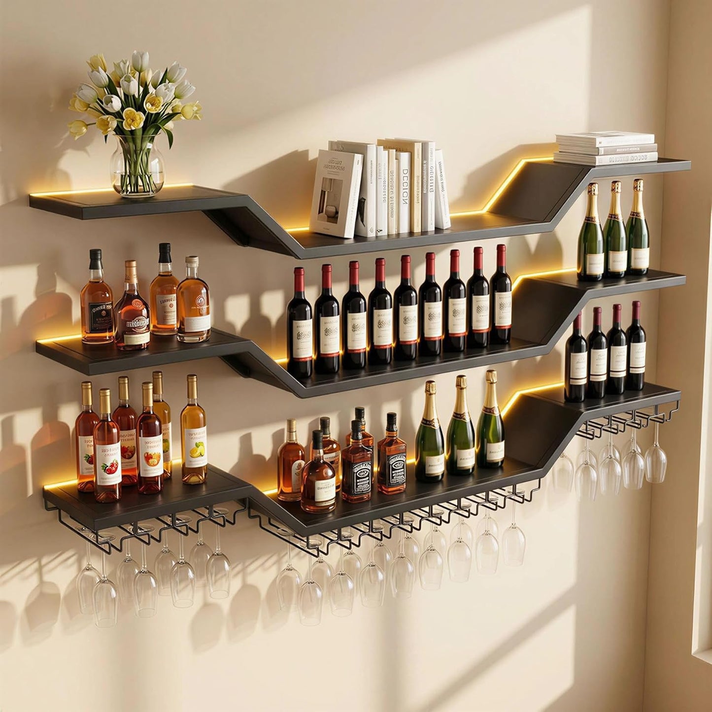 Estante metal para vino 59pulg 3 niveles con luces LED