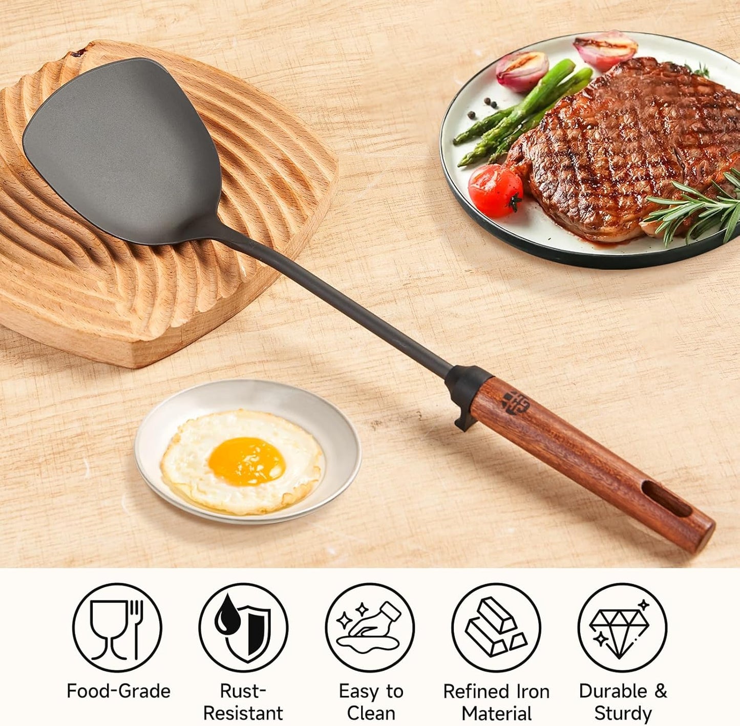 Espátula wok acero carbono con gancho antideslizante 15.2"