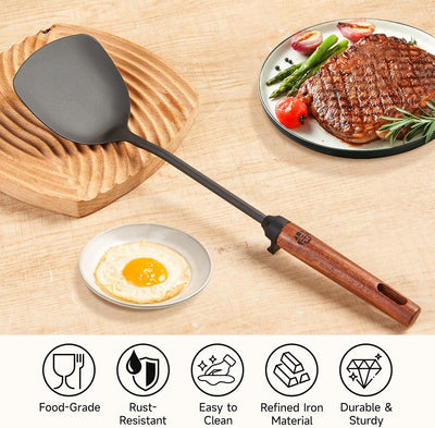 Espátula wok acero carbono 15.2pulg con gancho antideslizante