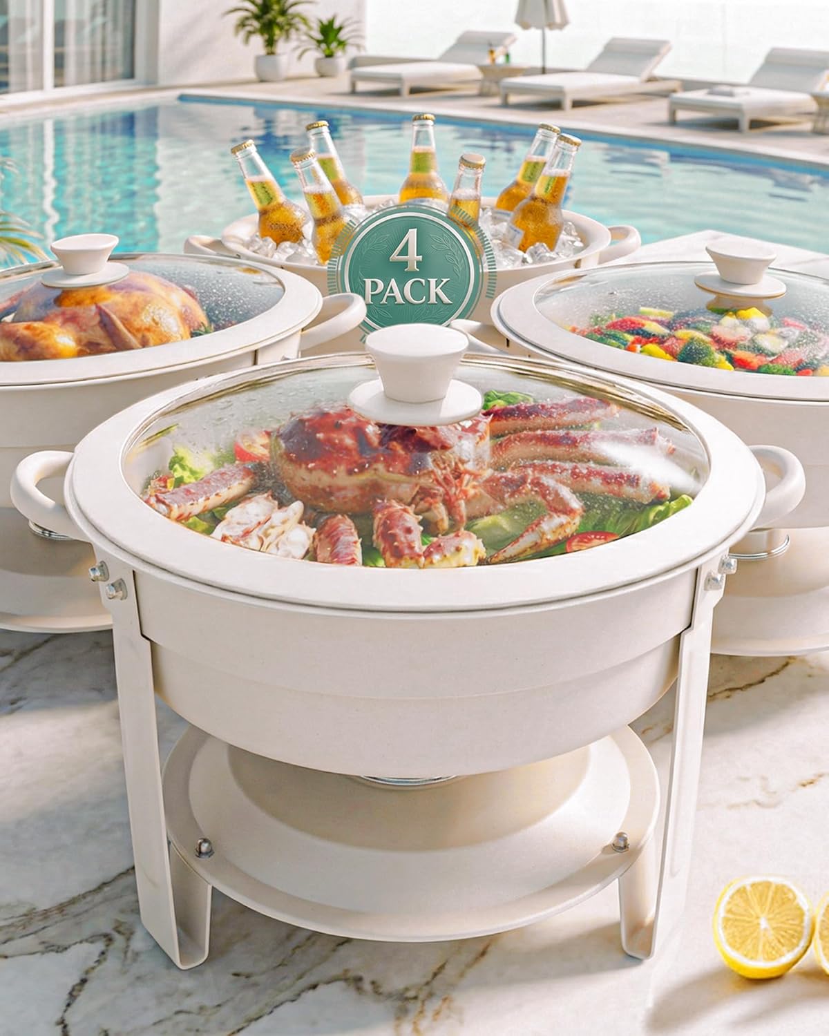 Set 4 Platos Buffet Acero Inox Granito Blanco Calentador Alimentos