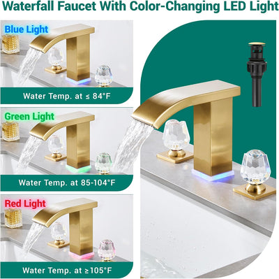 Grifo baño oro cepillado 3 agujeros cascada moderno