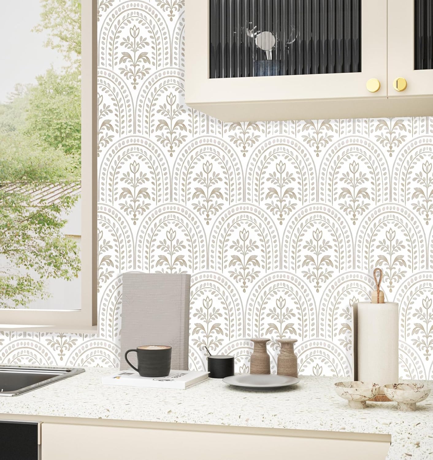 Papel tapiz floral beige y blanco marfil autoadhesivo 17.5x78.7pulg