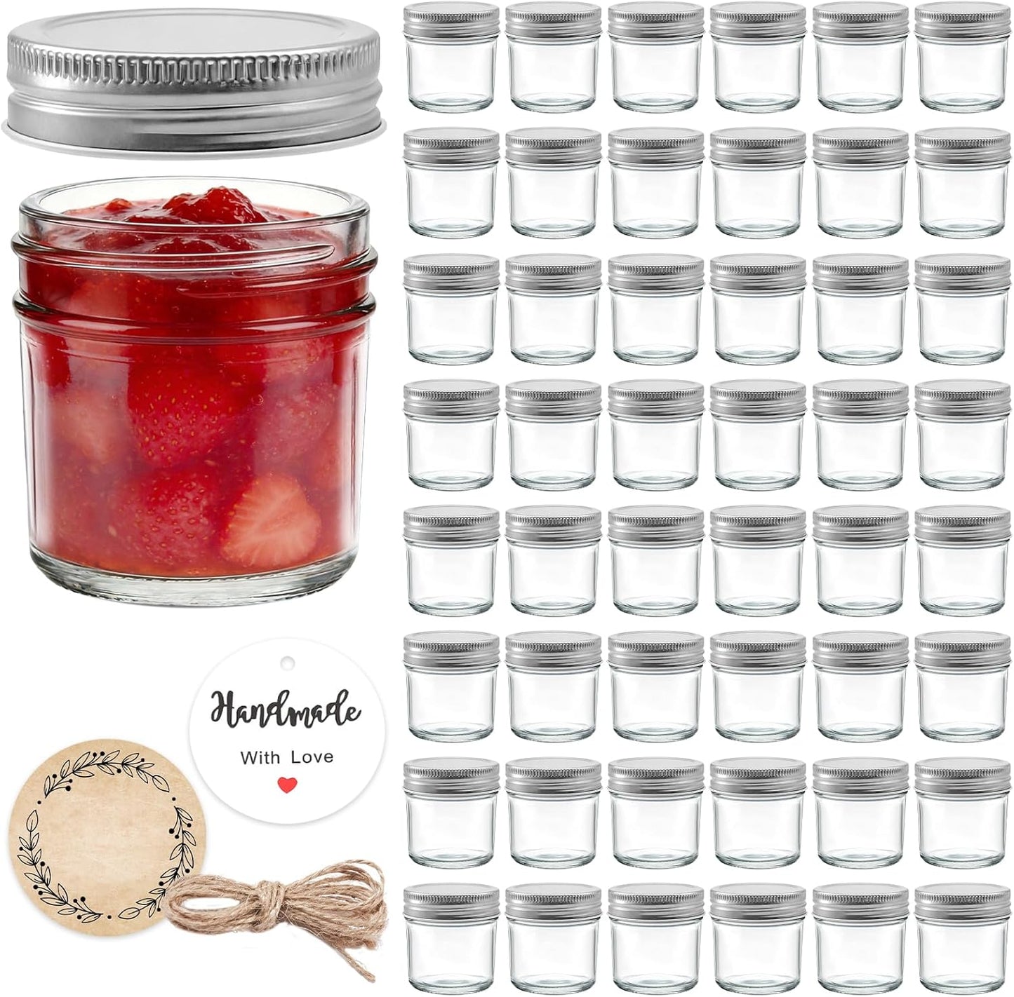 48 Mini Tarros Vidrio 2oz con Tapas y Etiquetas
