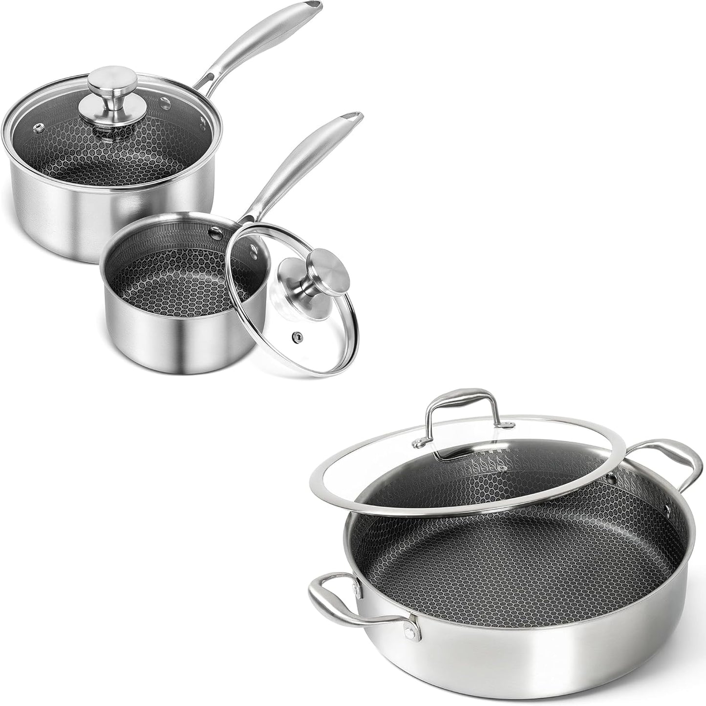 Set cacerolas acero inox 1qt y 2qt sarten 6qt tres capas