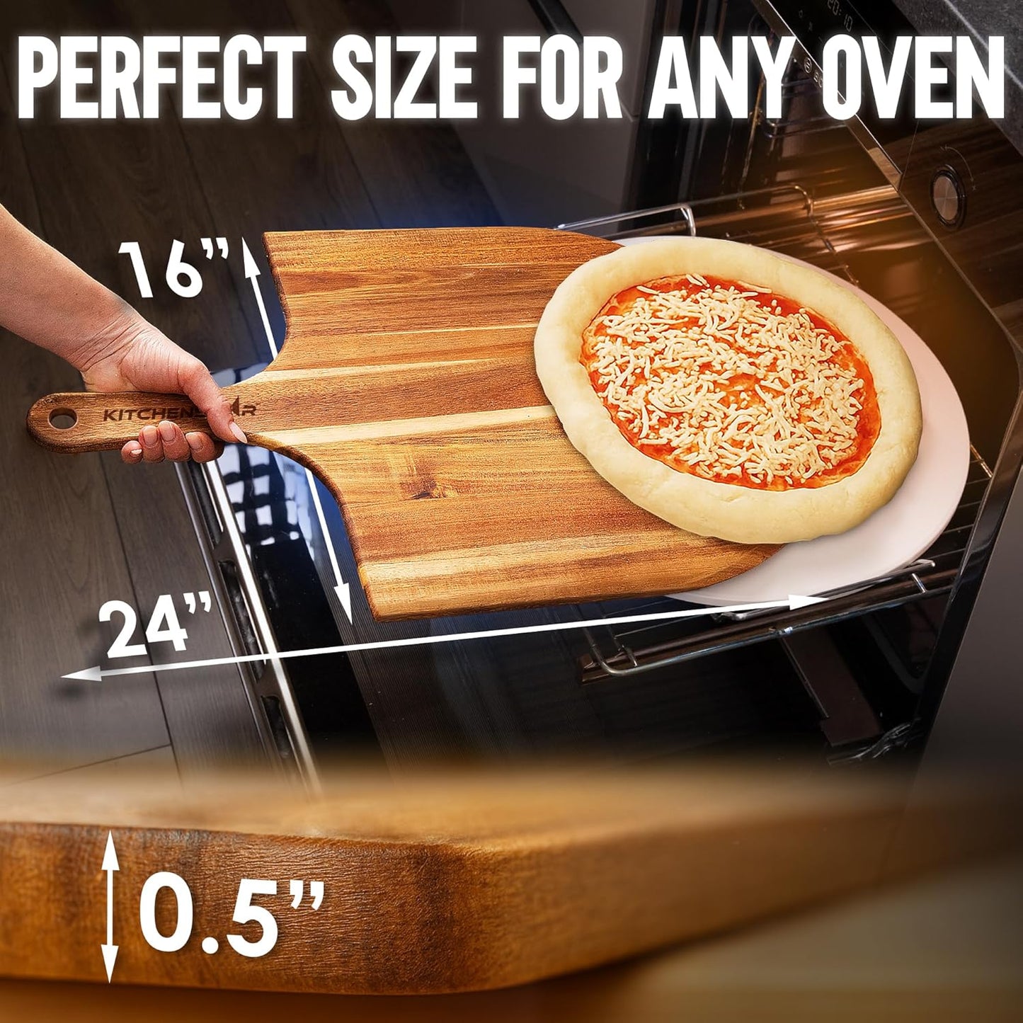 Set cortador pizza madera acacia con pala y piedra 16pulg