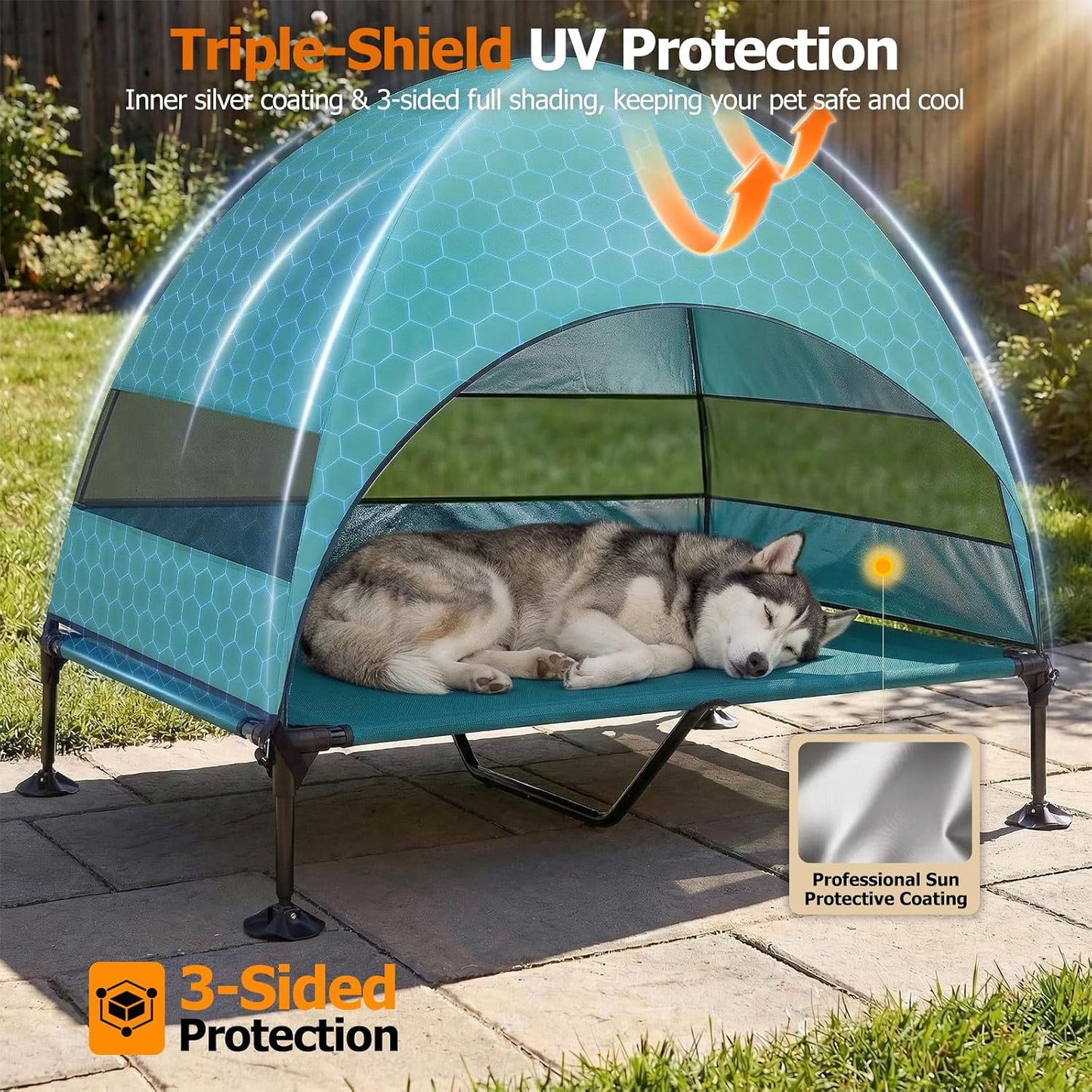 Cama elevada para perros con toldo UV y pies ajustables