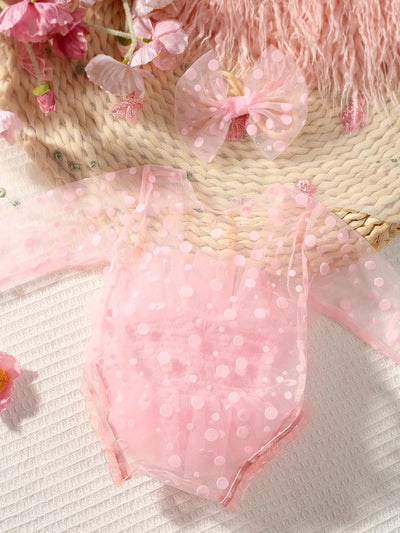 Traje foto recién nacida mameluco encaje diadema lunares rosados