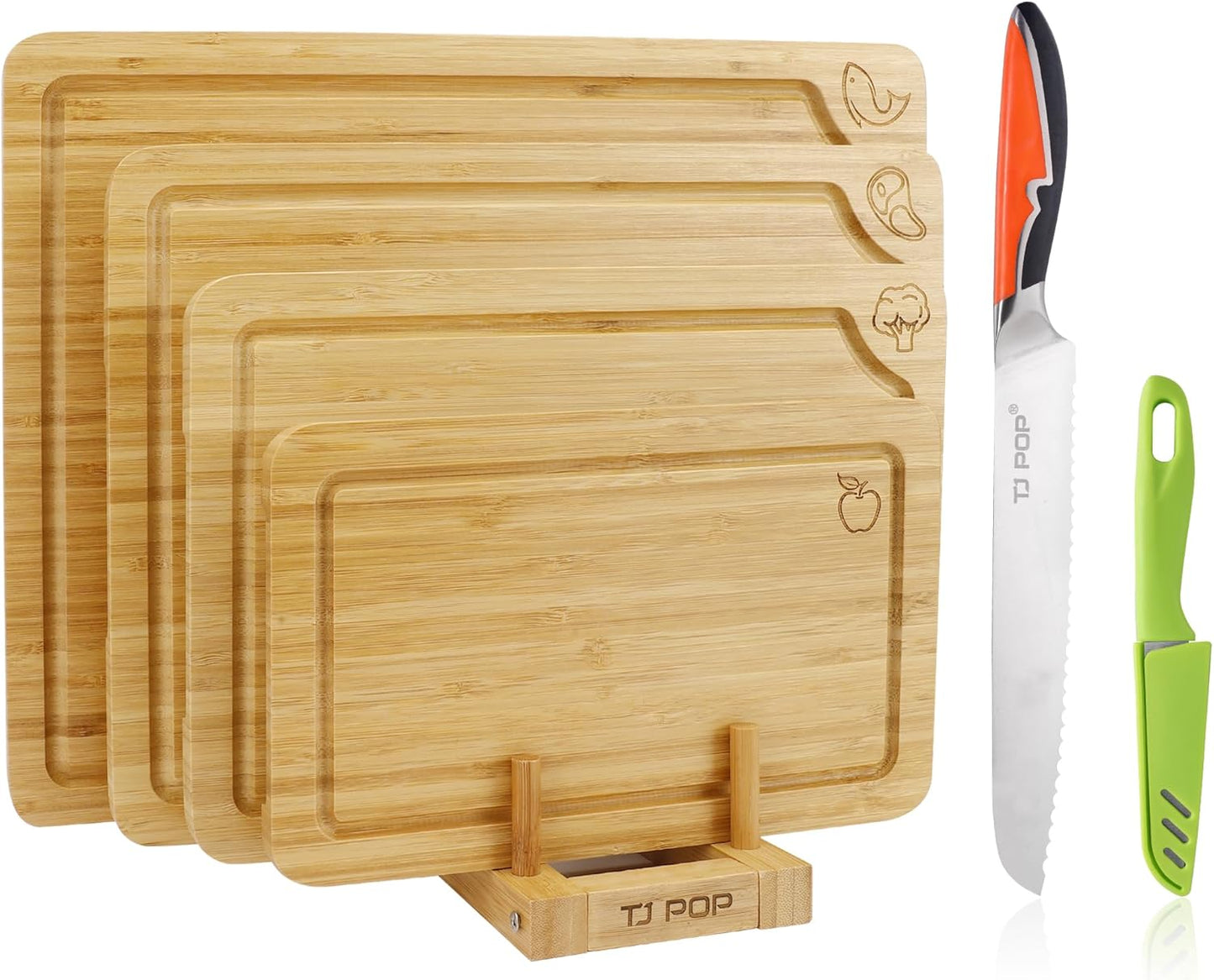 Juego de tablas de cortar de bambú etiquetadas 4 piezas con cuchillo de pan inoxidable