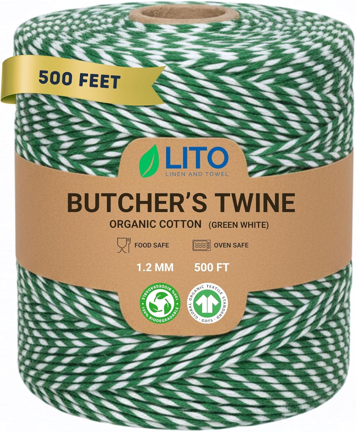 Cuerda algodón orgánico verde y blanco 500pies para manualidades