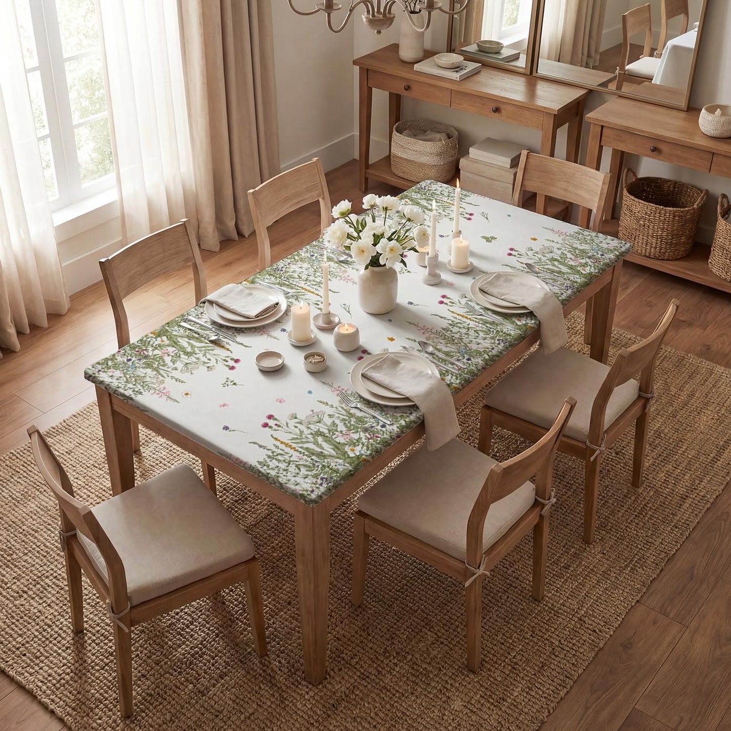 Mantel rectangular de primavera 72 x 30 pulgadas diseño floral beige lavable