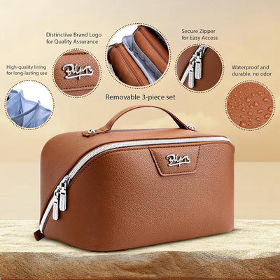 Bolsa maquillaje viaje mujer 3 Pzas cuero vegano L25marrón