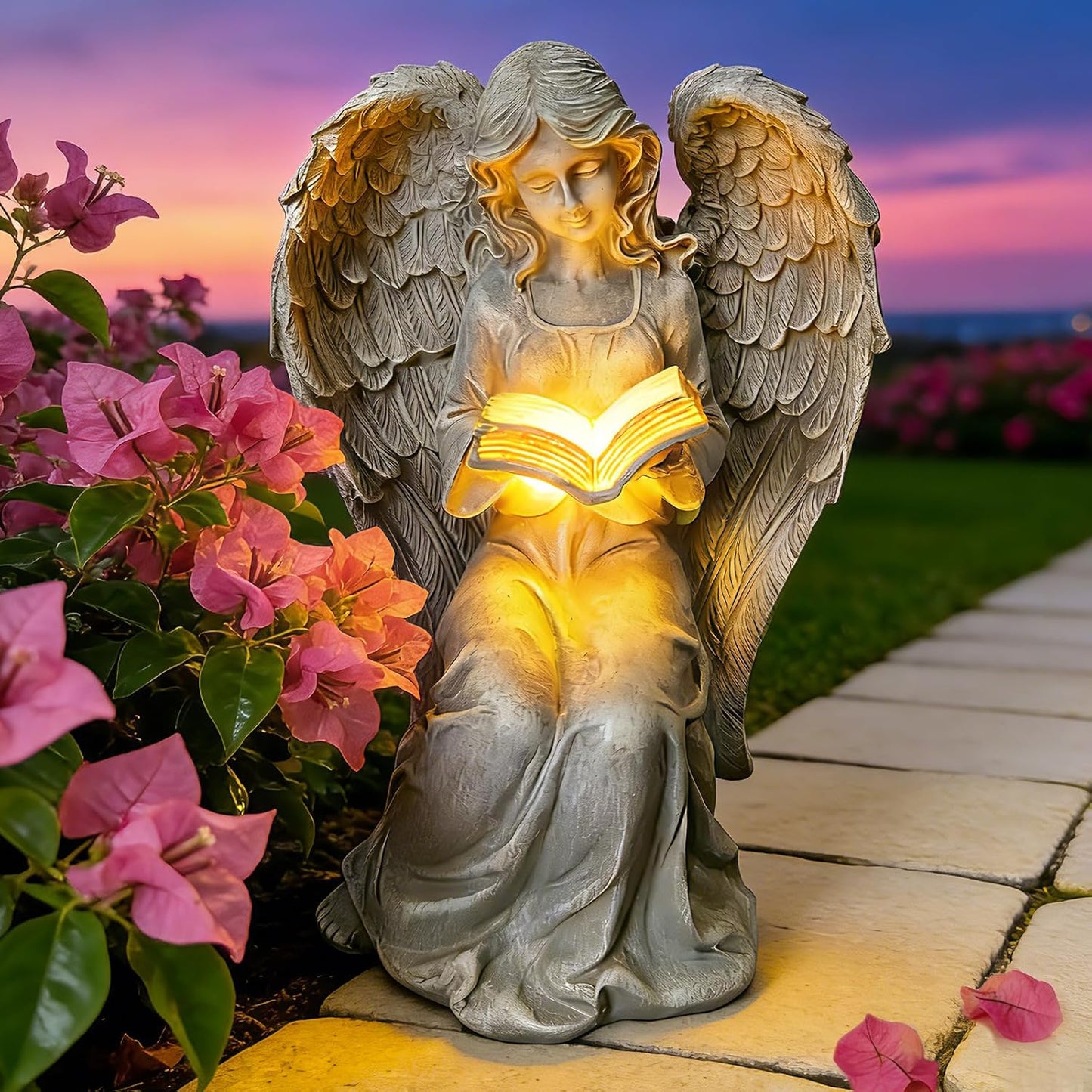 Estatua ángel libro jardín resina solar con luces LED