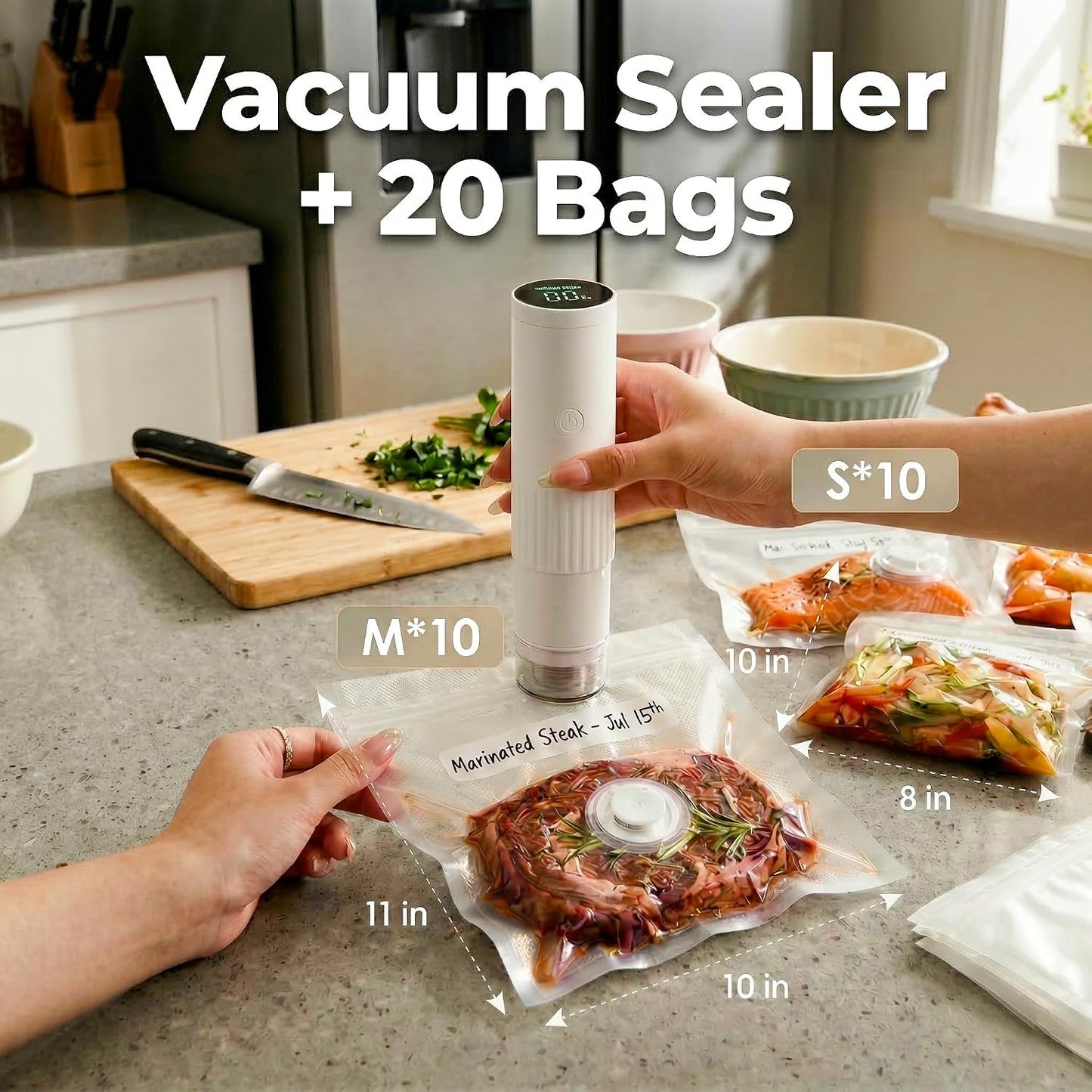 Sellador al vacío compacto con 20 bolsas reutilizables