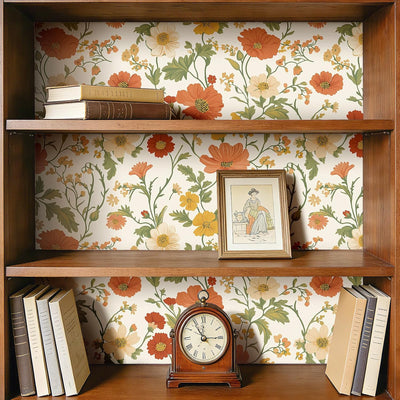 Papel tapiz bohemio flores naranja crema hojas verdes salvia