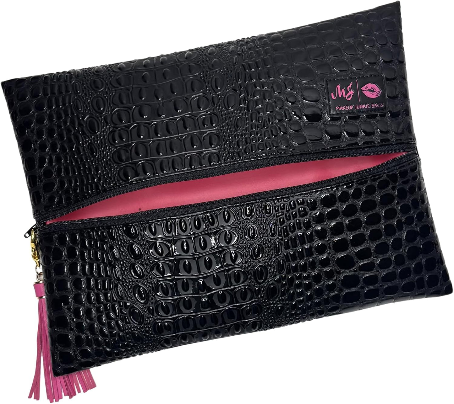 Bolsa maquillaje plana patentada forro lavable negro
