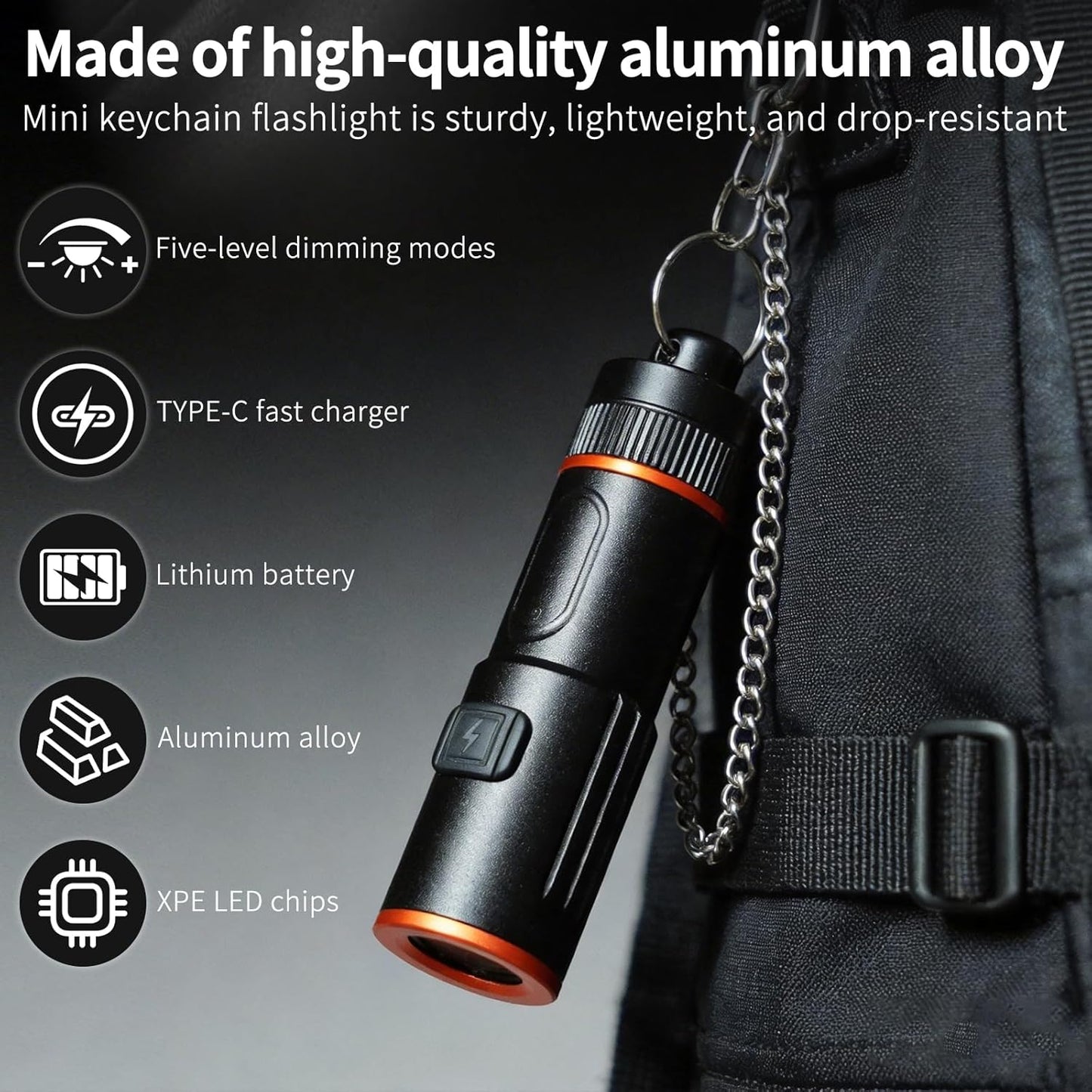 Linterna recargable llavero mini 600lúmenes 5 modos EDC negro