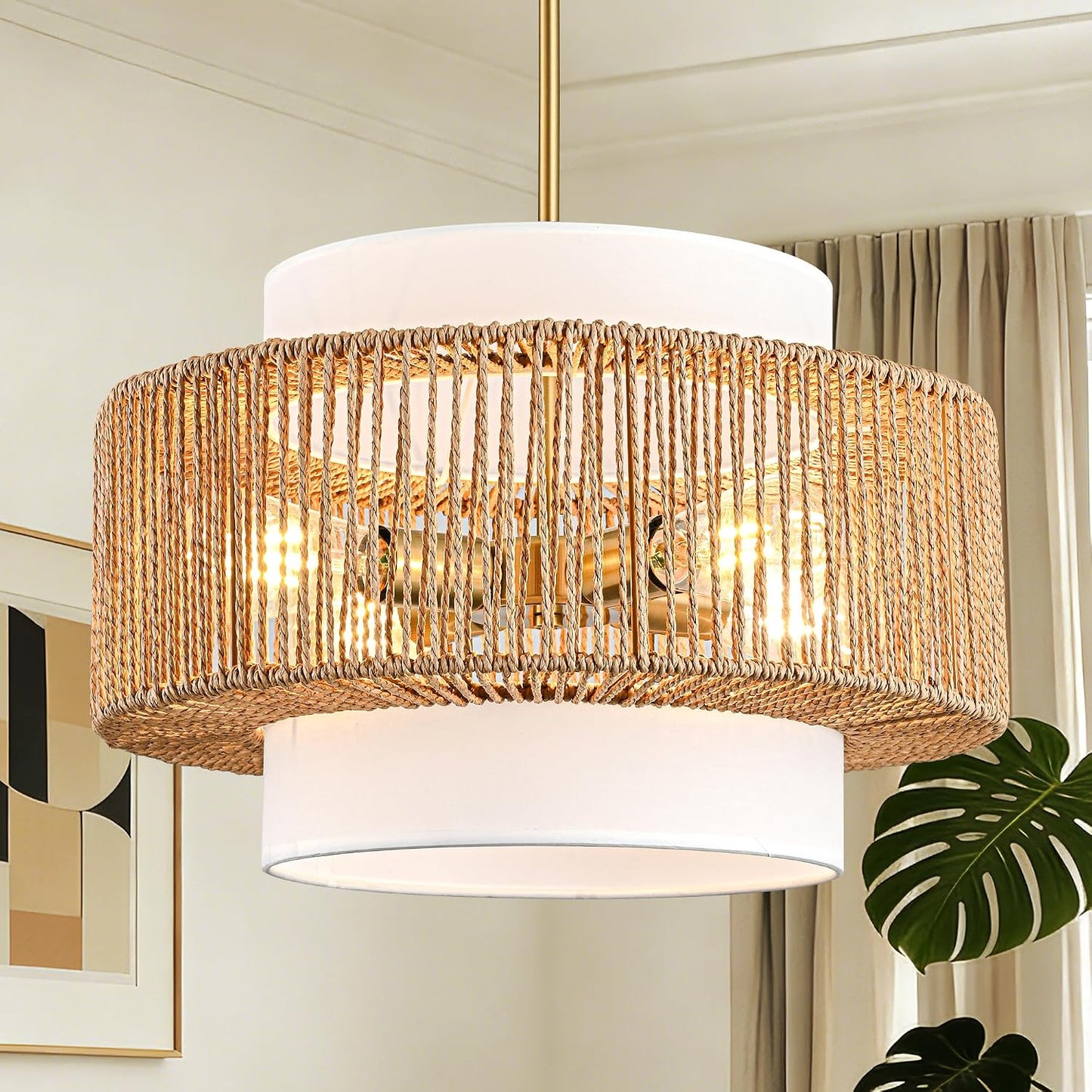 Lámpara colgante bohemia ratán 4 luces 17.7pulg